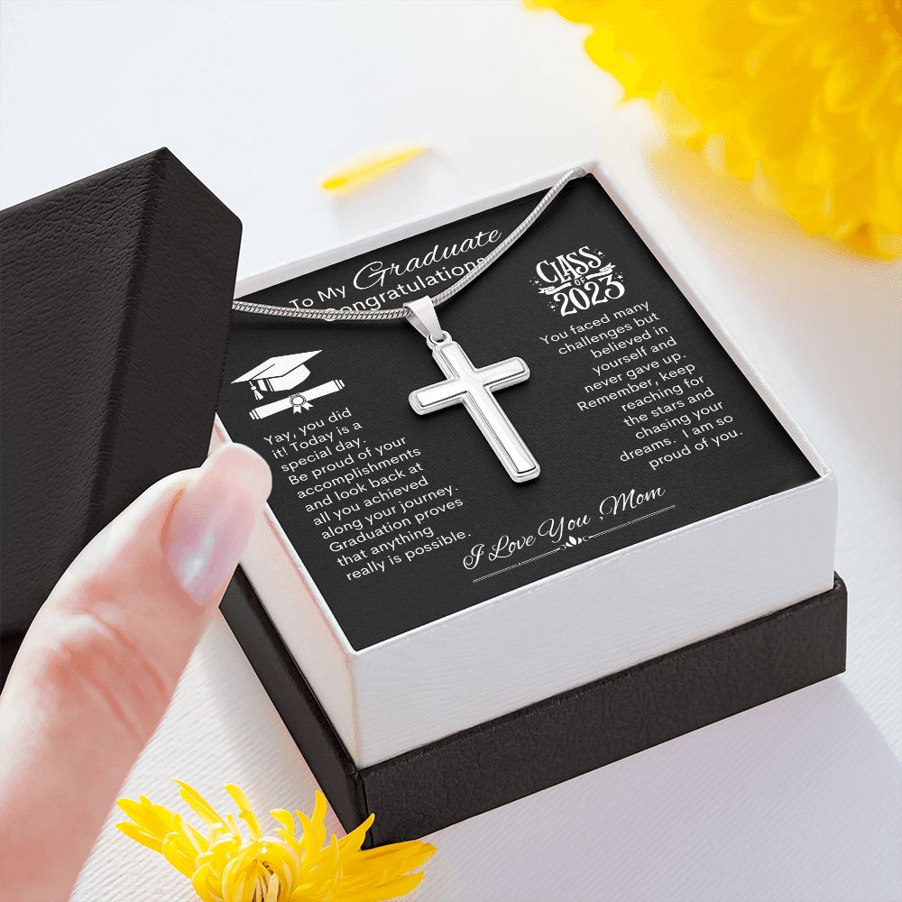 Graduate I Am So Proud Of You, Love Mom -- Cross Necklace