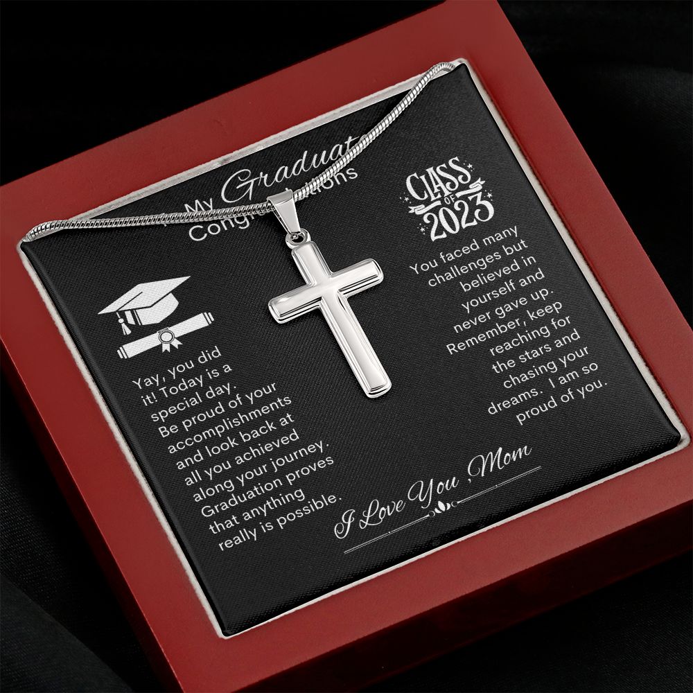 Graduate I Am So Proud Of You, Love Mom -- Cross Necklace