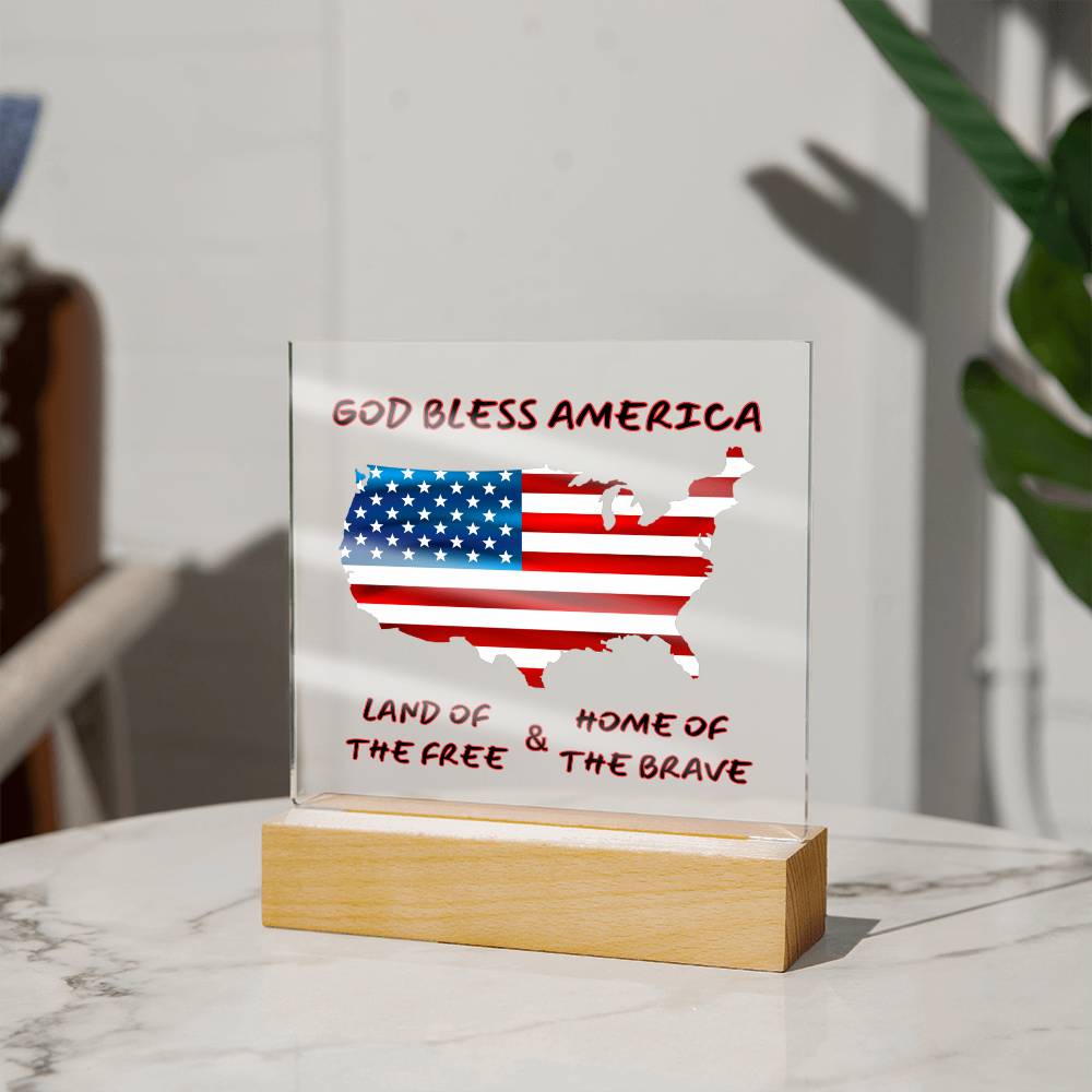 God Bless America - Free & Brave I   Square Acrylic Plaque