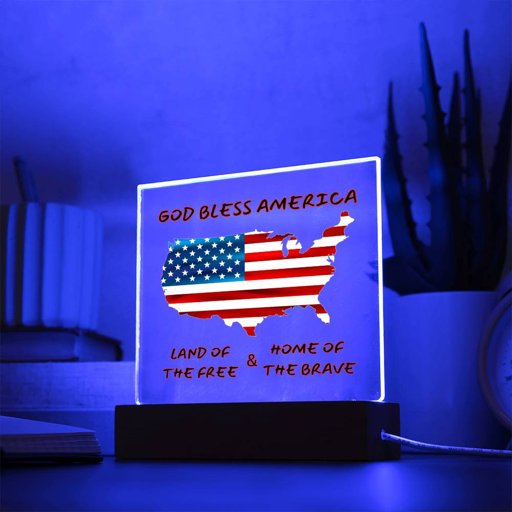 God Bless America - Free & Brave I   Square Acrylic Plaque