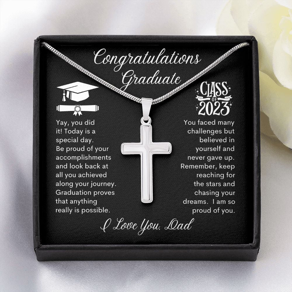 Graduate Yay you Did it, I Love You Dad -- Cross Necklace