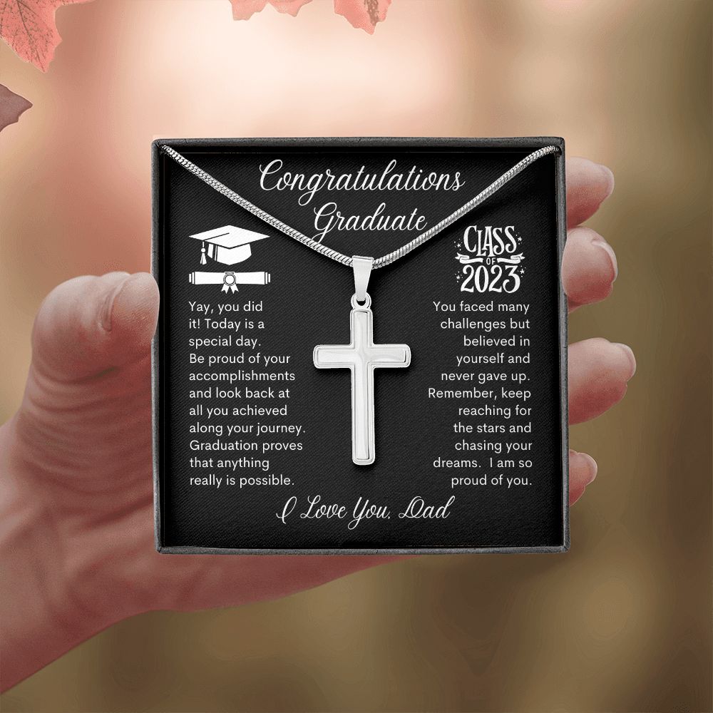 Graduate Yay you Did it, I Love You Dad -- Cross Necklace
