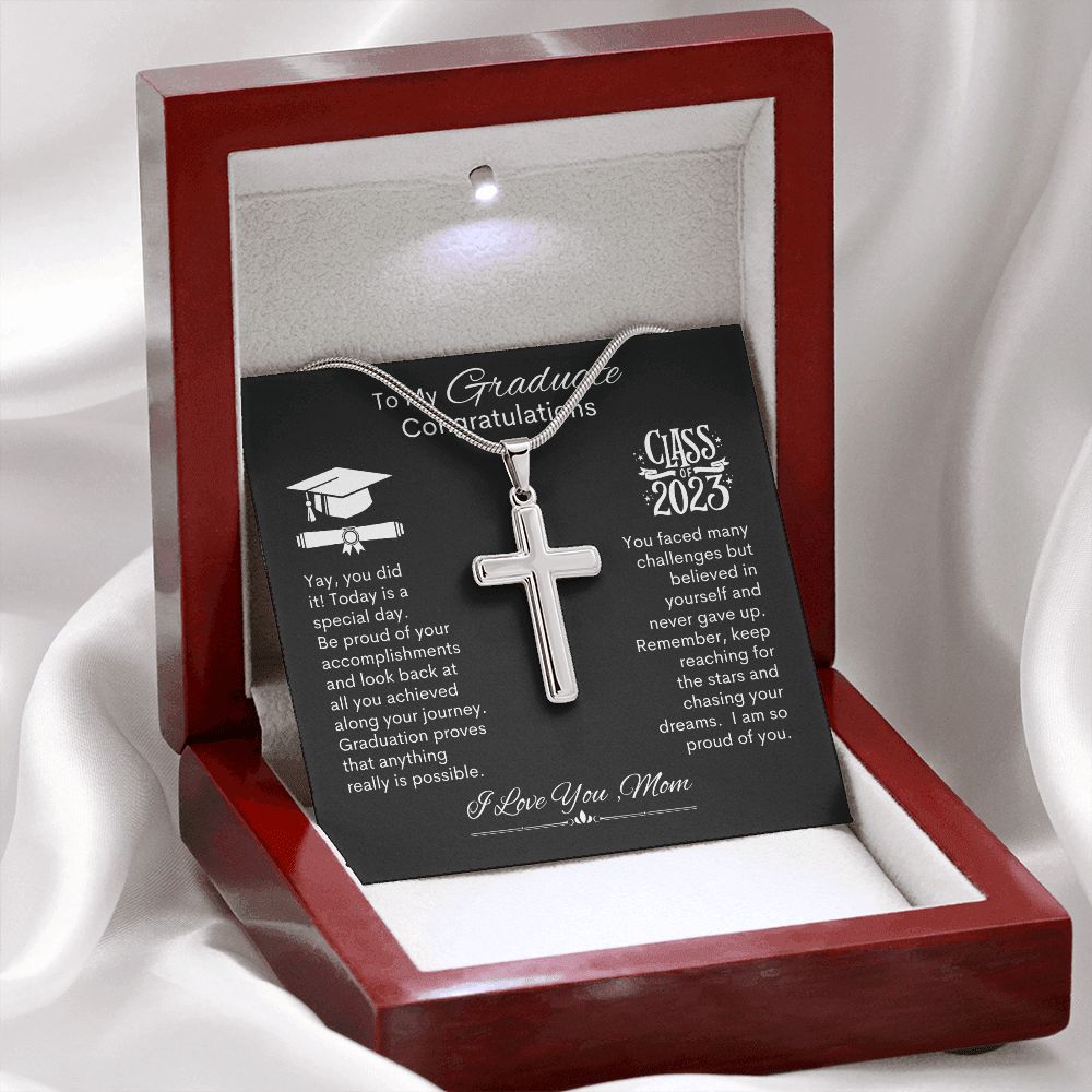 Graduate I Am So Proud Of You, Love Mom -- Cross Necklace