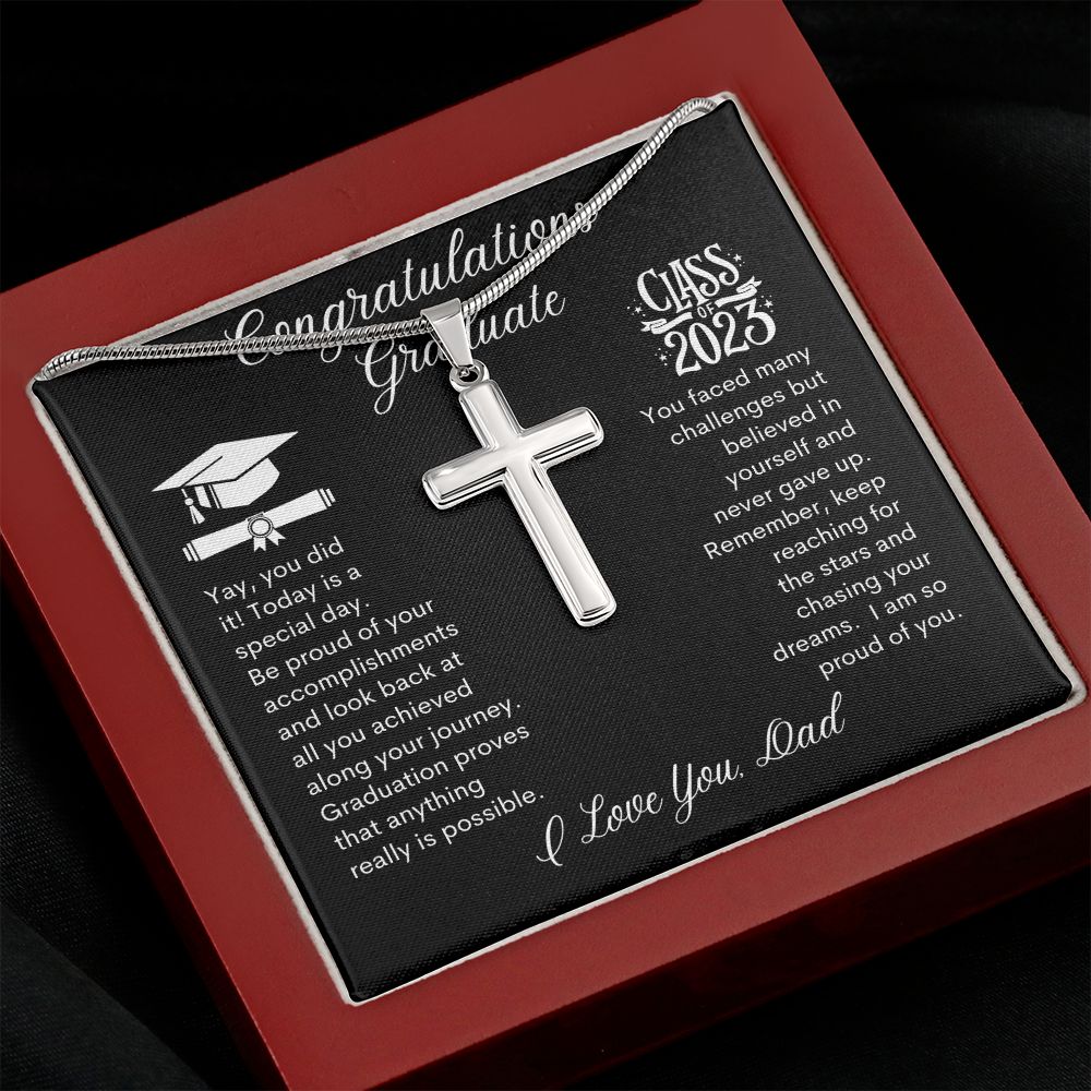 Graduate Yay you Did it, I Love You Dad -- Cross Necklace